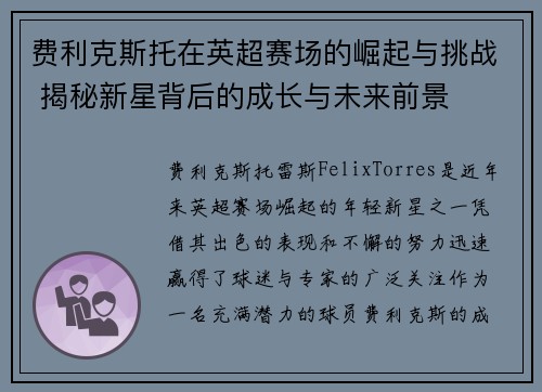 费利克斯托在英超赛场的崛起与挑战 揭秘新星背后的成长与未来前景