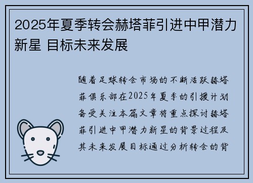 2025年夏季转会赫塔菲引进中甲潜力新星 目标未来发展
