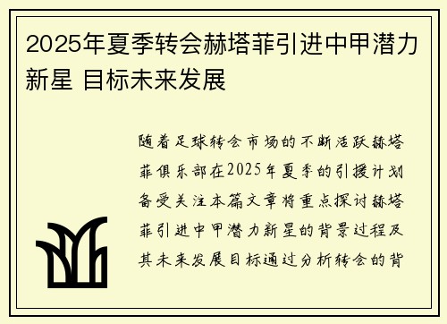 2025年夏季转会赫塔菲引进中甲潜力新星 目标未来发展